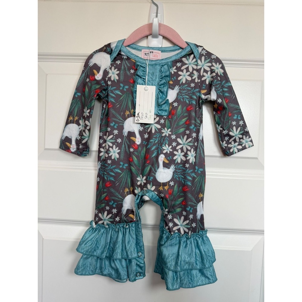 33.Pete & Lucy Baby Girls Duck Floral Ruffle Romper Teal Charcoal 0-3M NWT